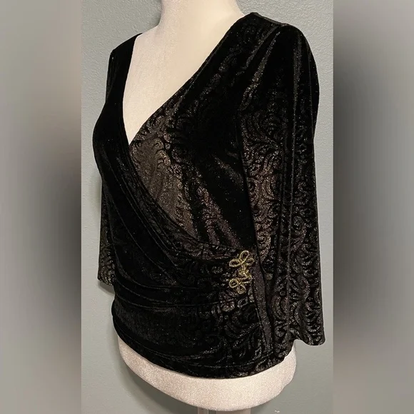 Cachet Women’s Black & Gold Velvet Burnout Top Faux Wrap Ruched Holiday Large - Picture 3 of 6
